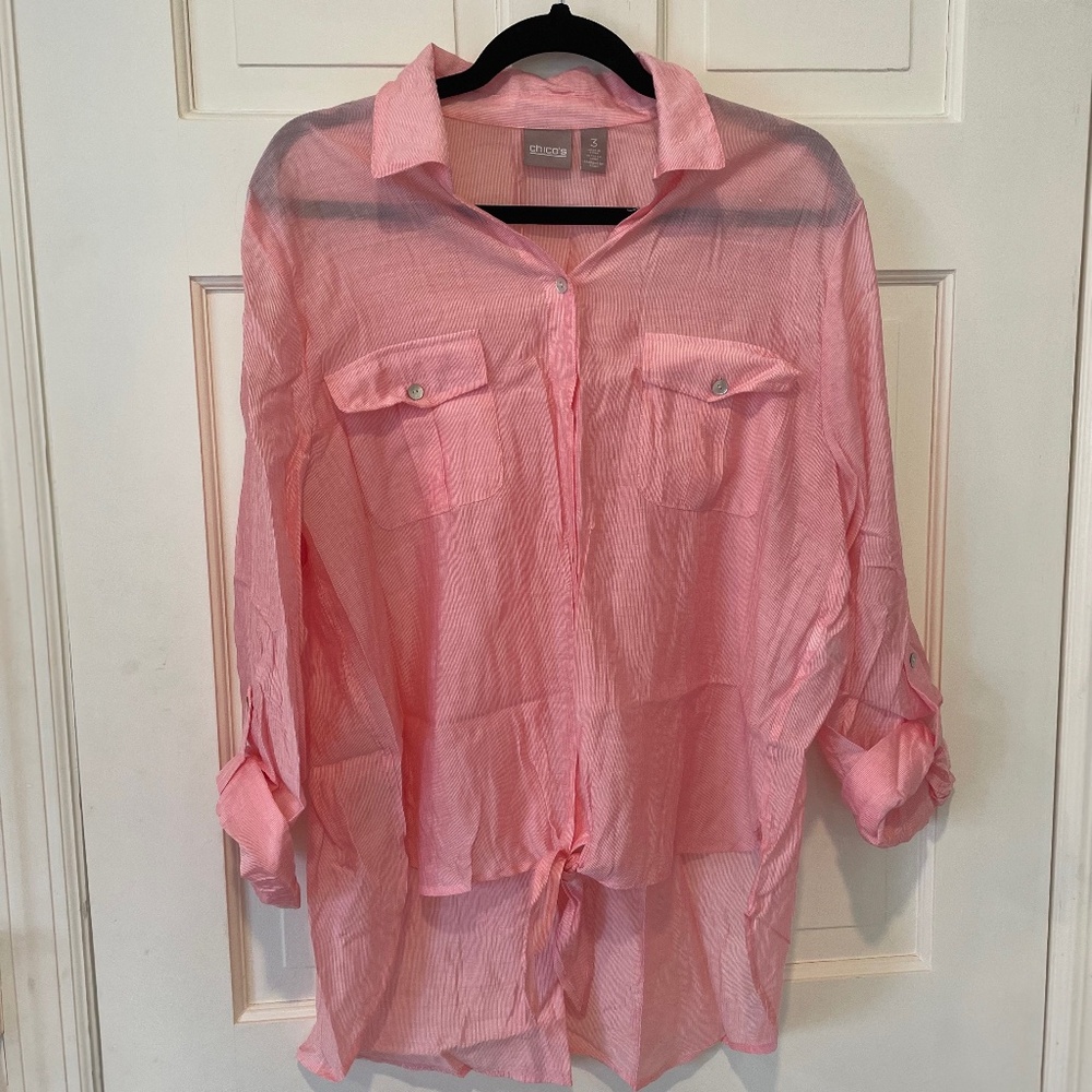 Chico's Long Sleeve Tie Front Pink Blouse